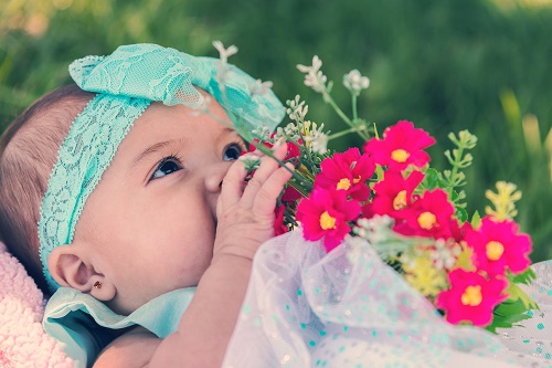 طفلة تلهو ببعض الزهور فى حدائق فيينا